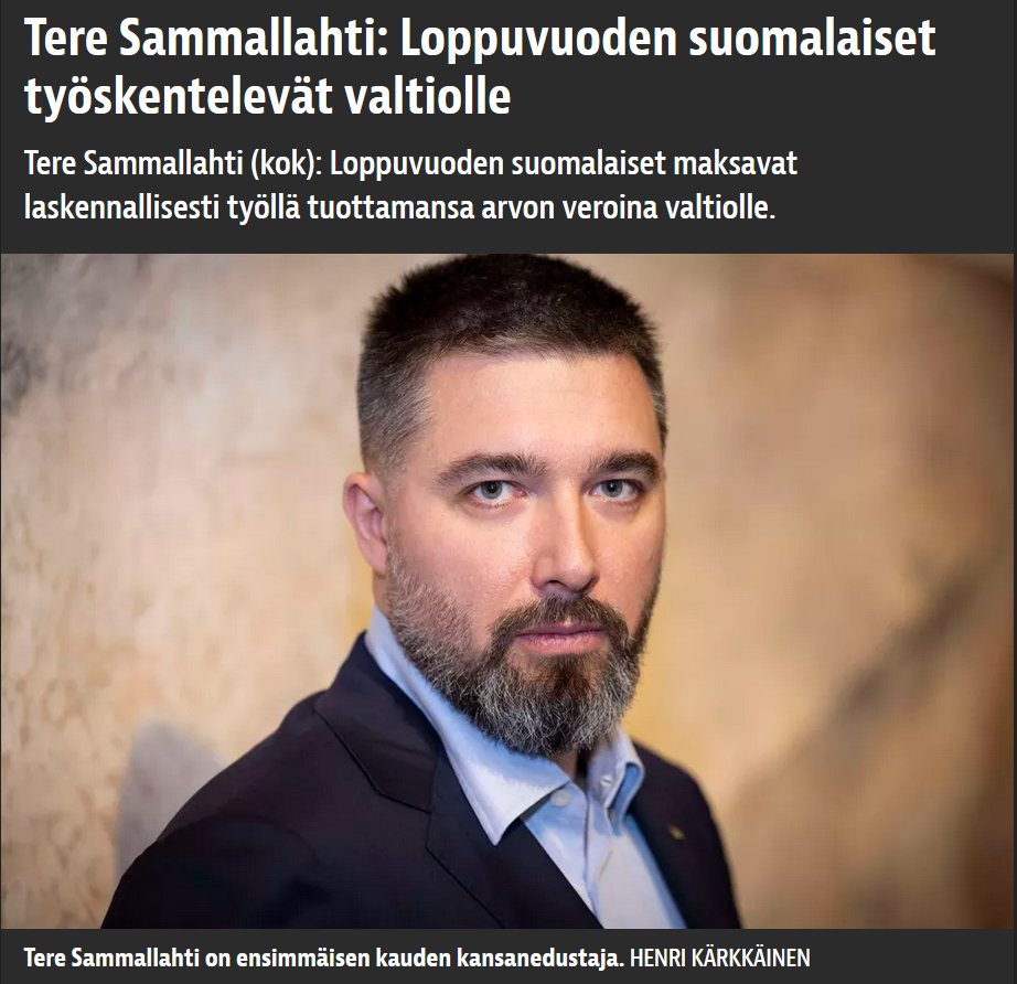 Eilen oli valtion ylikulutuspäivä. Loppuvuoden suomalaiset työskentelevät valtiolle. Kyllä, luit oikein.

Tänä vuonna Suomen kokonaisveroasteeksi ennustetaan 42,3 %. Se on yksi maailman korkeimmista. Hyvä suomalainen tavoite on OECD:n keskiarvo, 33,9 %.
iltalehti.fi/politiikka/a/6…