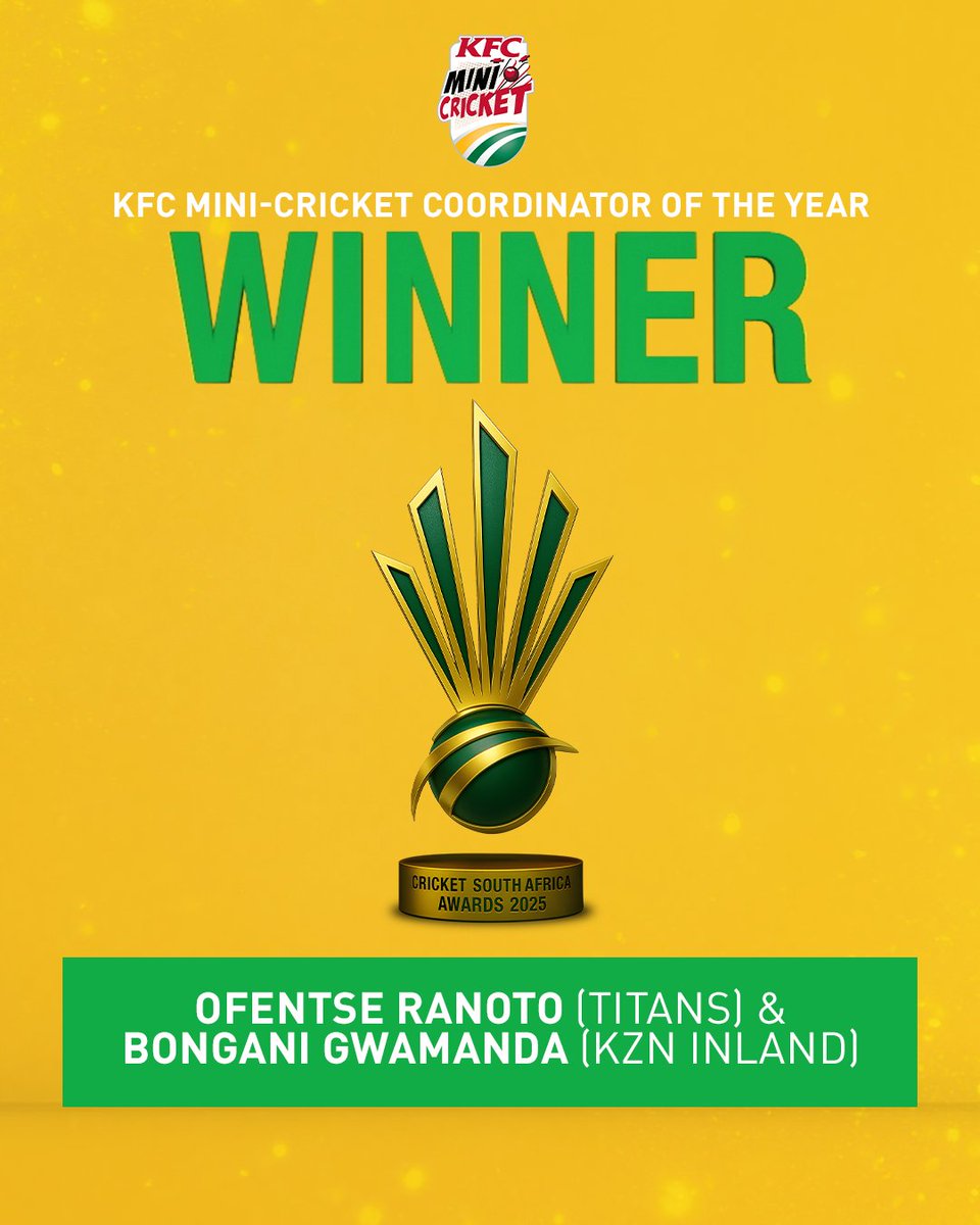 Congratulations to Ofentse Ranoto (Titans) and Bongani Gwamanda (KZN Inland), our KFC Mini-Cricket Coordinators of the Year! 

🌟 Recognising exceptional leadership in growing the game from the ground up. 

#CSAAwards2025 #WozaNawe