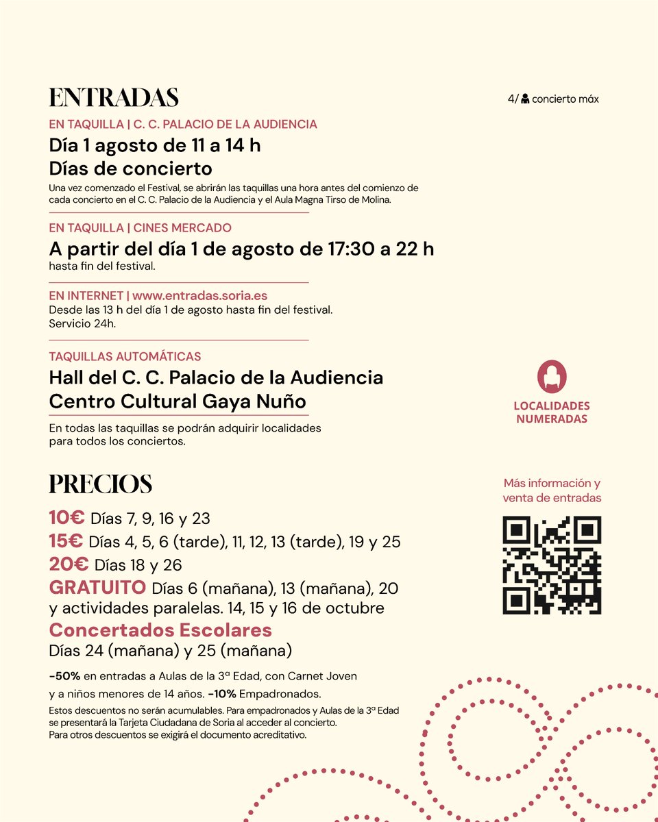 ¿Ya sabes a qué conciertos del #FOMS2025 quieres ir?

Mañana empieza la venta de entradas (50% desc.: Aulas de la Tercera Edad, Carnet Joven y -14 años / 10% desc.: empadronados en Soria). 

Entradas: entradas.soria.es

<a href="/Ayto_Soria/">Ayuntamiento de Soria</a> <a href="/jcyl/">Junta de Castilla y León</a> <a href="/INAEM_Cultura/">INAEM</a> <a href="/FestClasica/">FestClásica</a>