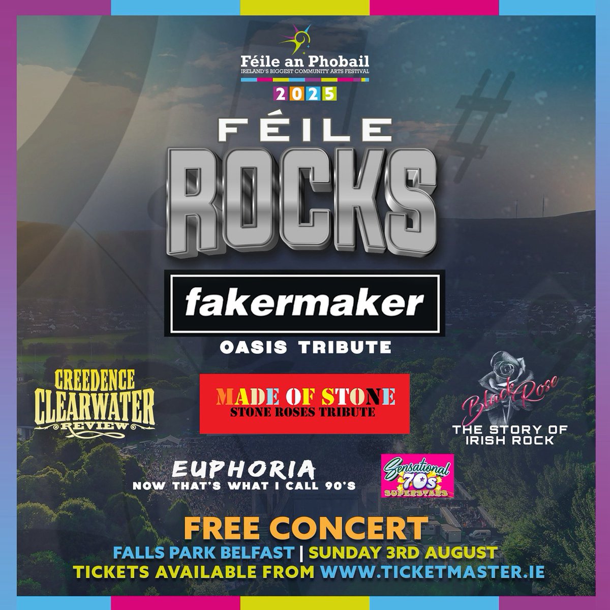 FREE FÉILE CONCERT 

FÉILE ROCKS!🤘

📅SUNDAY 3RD AUGUST

📍FALLS PARK

🎫Free Tickets Available Now from universe.com/events/feile-r…

🔸️FakerMaker - Oasis Tribute

🔸️Made of Stone - Stone Roses Tribute 

🔸️Creedance Clearwater Review

🔸️Black Rose - Story of Irish Rock