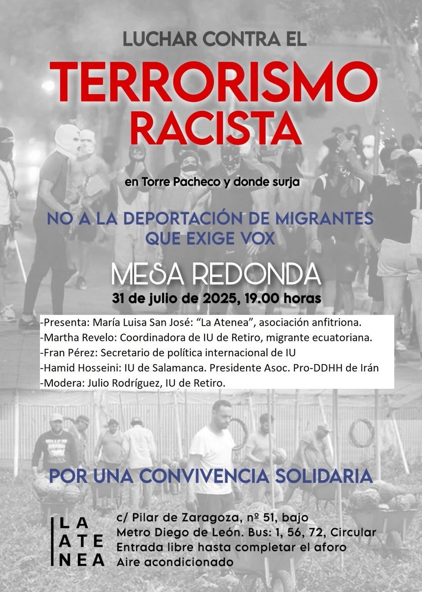 grupoescolar14deabril (@grupoescolar14a) on Twitter photo El #racismo se está extendiendo a partir de un #Trump que ha llegado a enviar al ejército contra los migrantes en #USA
Contra el RACISMO vamos a debatir en el local de la Asociación Vecinal <a href="/laateneaespacio/">Espacio La Atenea</a> del barrio de la #Guindalera en el distrito de #Salamanca <a href="/JMDSalamanca/">Distrito Salamanca</a> El #racismo se está extendiendo a partir de un #Trump que ha llegado a enviar al ejército contra los migrantes en #USA
Contra el RACISMO vamos a debatir en el local de la Asociación Vecinal <a href="/laateneaespacio/">Espacio La Atenea</a> del barrio de la #Guindalera en el distrito de #Salamanca <a href="/JMDSalamanca/">Distrito Salamanca</a>