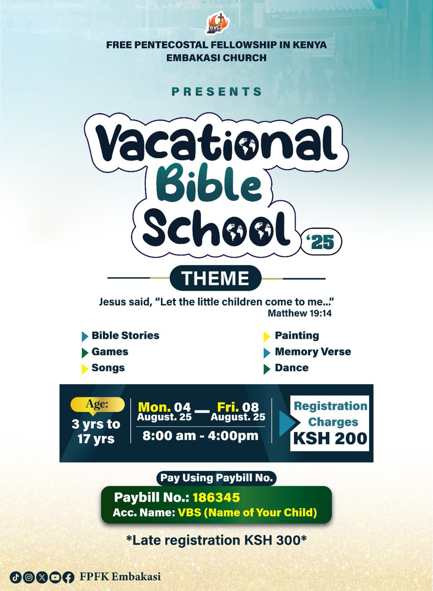 Start children off on the way they should go, and even when they are old they will not turn from it. 
Proverbs 22:6 
This August Holiday, Vacational Bible School(VBS) is back, bigger and better. 
Register your child today.
Registration past Aug 2 will attract extra Sh100 fine.
