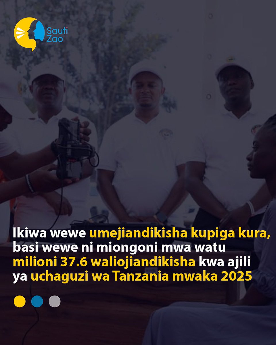 Watu milioni 37.6 wamejiandikisha kupiga kura mwaka 2025 — je, utabaki kuwa mtazamaji au mshiriki? 

Sauti yako ni muhimu kwenye uamuzi wa kesho ya Tanzania. Jitokeze, shiriki, piga kura! 🗳️🇹🇿

 #Uchaguzi2025 #ShirikiMaamuzi #SautiYakoMuhimu #SautiZao #MitandaoNaSisi