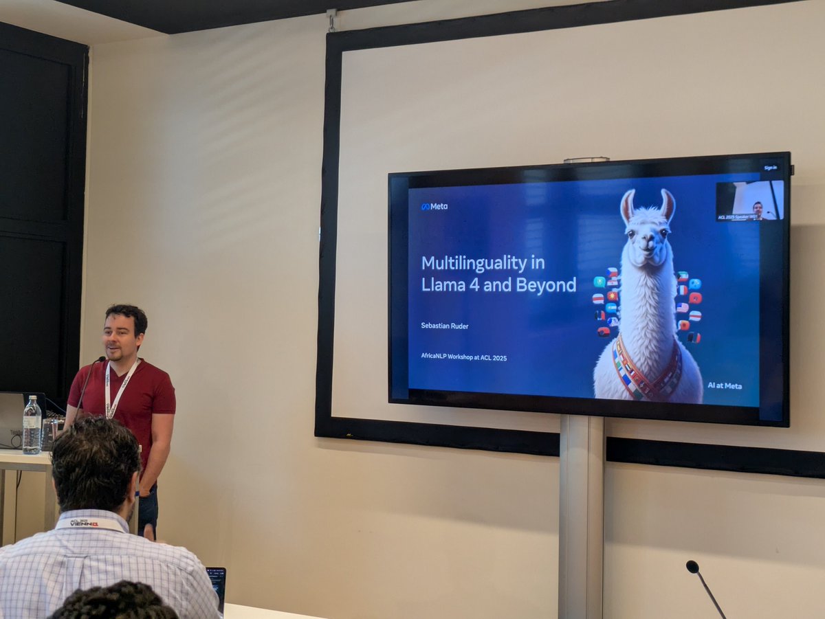 David Ifeoluwa Adelani 🇳🇬 (@davlanade) on Twitter photo <a href="/seb_ruder/">Sebastian Ruder</a> giving the first keynote talk on Llama 4 <a href="/seb_ruder/">Sebastian Ruder</a> giving the first keynote talk on Llama 4
