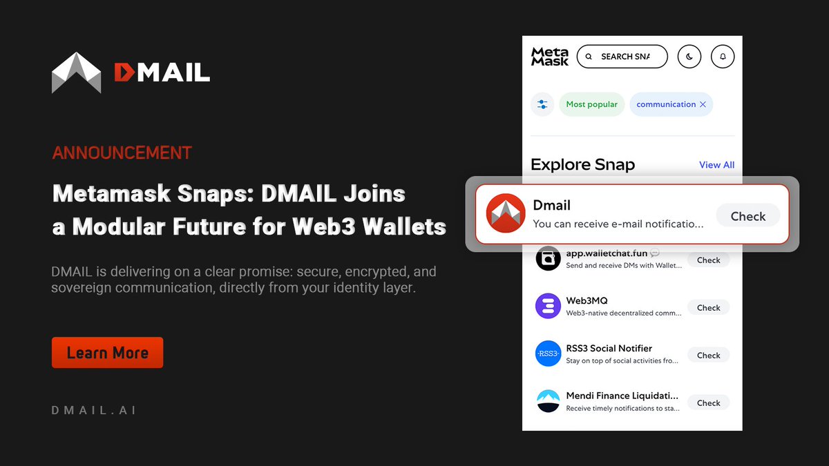 DMAIL.AI (@dmailofficial) on Twitter photo DMAIL DApp is now live on the <a href="/MetaMask/">MetaMask.eth 🦊</a> Snaps ecosystem 🦊📩
Snaps turn wallets into platforms—and with #Dmail, MetaMask now supports encrypted, wallet-native messaging.
Onchain alerts, DAO comms, token updates… all from your identity layer.
Explore the future of Web3 DMAIL DApp is now live on the <a href="/MetaMask/">MetaMask.eth 🦊</a> Snaps ecosystem 🦊📩
Snaps turn wallets into platforms—and with #Dmail, MetaMask now supports encrypted, wallet-native messaging.
Onchain alerts, DAO comms, token updates… all from your identity layer.
Explore the future of Web3