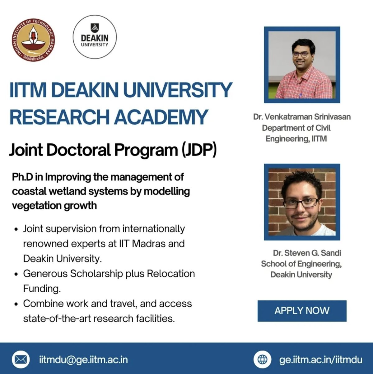 There is an opportunity for joint PhD program between <a href="/iitmadras/">IIT Madras</a> and <a href="/Deakin/">Deakin University</a> 
Interested students may contact me by email: venkatraman(at)iitm(dot)ac(dot)in