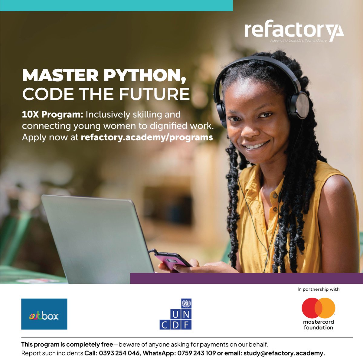 🚀 Tech is rapidly evolving! ⚡️ Aspiring to be a Python developer? Your journey starts here. 👩🏽‍💻 Refactory's 10X Program offers scholarships to young women aged 18 to 35 years for our 'Certificate of Software Engineering with Python' program aimed at empowering the next generation