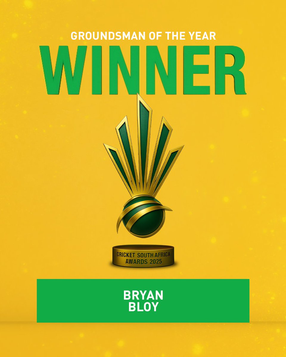 A huge shoutout to Bryan Bloy (SuperSport Park), our Groundsman of the Year! 👏🌿 

Behind every great match is a great pitch, thank you for laying the foundation. 

#CSAAwards2025 #WozaNawe