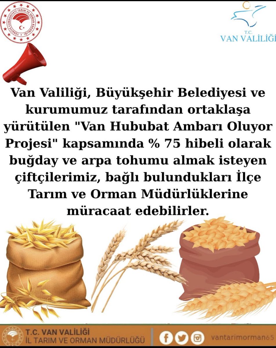 Tuşba İlçe Tarım ve Orman Müdürlüğü (@tusbatarimorman) on Twitter photo %75 hibeli buğday ve arpa tohumu almak için İlçe Müdürlüklerimize müracaatlar başladı. Üreticilerimize önemle duyurulur.
<a href="/ibrahimyumakli/">İbrahim Yumaklı</a> <a href="/TCTarim/">T.C. Tarım ve Orman Bakanlığı</a> <a href="/tcvanvaliligi/">T.C. Van Valiliği 🇹🇷</a> <a href="/KaymakamlTusba/">Tuşba Kaymakamlığı</a> <a href="/musagoktas_/">Musa Göktaş</a> <a href="/vantarimorman65/">Van İl Tarım ve Orman Müdürlüğü</a> <a href="/bulentveziroglu/">Bülent VEZİROĞLU</a> <a href="/Bugemtr/">Bitkisel Üretim Genel Müdürlüğü</a> %75 hibeli buğday ve arpa tohumu almak için İlçe Müdürlüklerimize müracaatlar başladı. Üreticilerimize önemle duyurulur.
<a href="/ibrahimyumakli/">İbrahim Yumaklı</a> <a href="/TCTarim/">T.C. Tarım ve Orman Bakanlığı</a> <a href="/tcvanvaliligi/">T.C. Van Valiliği 🇹🇷</a> <a href="/KaymakamlTusba/">Tuşba Kaymakamlığı</a> <a href="/musagoktas_/">Musa Göktaş</a> <a href="/vantarimorman65/">Van İl Tarım ve Orman Müdürlüğü</a> <a href="/bulentveziroglu/">Bülent VEZİROĞLU</a> <a href="/Bugemtr/">Bitkisel Üretim Genel Müdürlüğü</a>