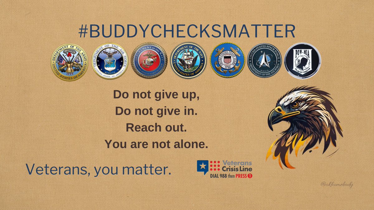 okhomebody's tweet image. 🇺🇸Thursday✅VETERAN #BuddyChecks✅RH 🇺🇸
Good morning, family. In addition to our regular buddy checks, let’s all be mindful of opportunities to connect with Veterans as we go about our daily routines. No one needs to fight alone. Reach out if you are struggling. I love all y’all!…