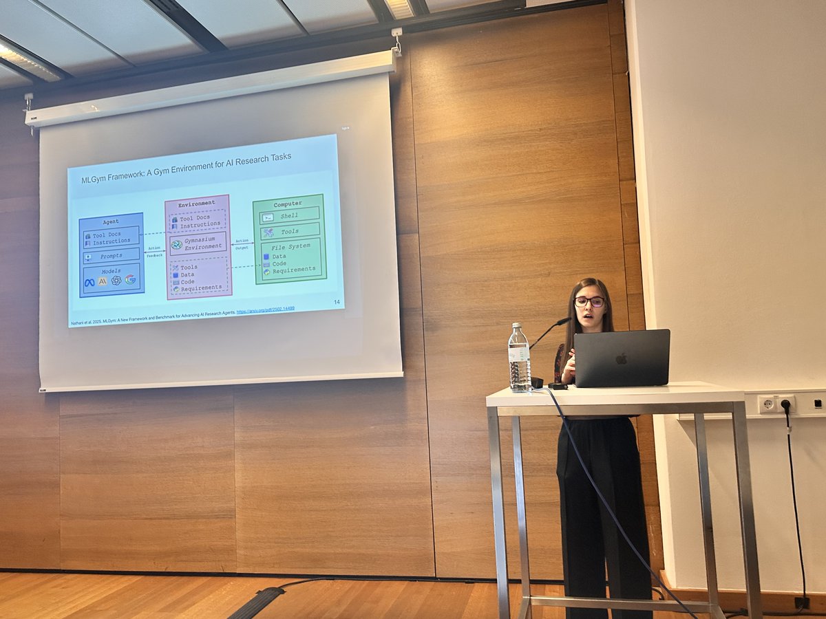 The workshop is continuing ... <a href="/robertarail/">Roberta Raileanu</a> gave an incredible talk about different ingredients on how to build AI scientist agent and explained how current systems lag far behind human performance in terms of creativity and discovery  #ACL2025