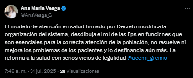 #Colombia | Ana María Vesga, presidenta de ACEMI, alerta que el decreto que reorganiza el sistema de salud desdibuja el rol de las EPS y tiene "serios vicios de legalidad".