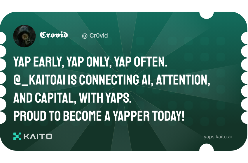 ๐ฎ๐๐๐๐๐ (@cr0vid) on Twitter photo Yap early, yap only, yap often.
<a href="/KaitoAI/">Kaito AI ๐</a> is connecting AI, attention and capital with Yaps.
Just claimed my social card and I'm accumulating Yap points in real-time.
Claim yours ๐ yaps.kaito.ai/referral/15024โฆ Yap early, yap only, yap often.
<a href="/KaitoAI/">Kaito AI ๐</a> is connecting AI, attention and capital with Yaps.
Just claimed my social card and I'm accumulating Yap points in real-time.
Claim yours ๐ yaps.kaito.ai/referral/15024โฆ