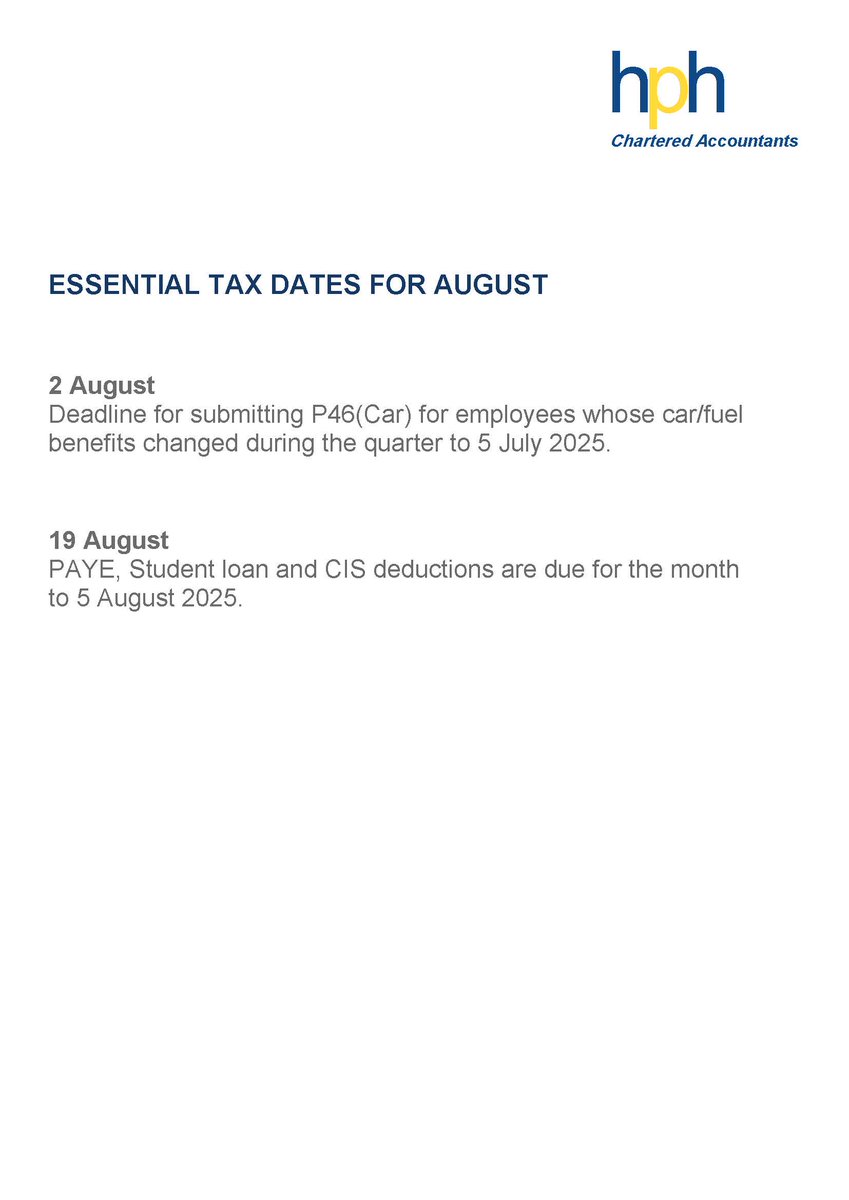 Essential tax dates for August ... #hph #accountants #tax