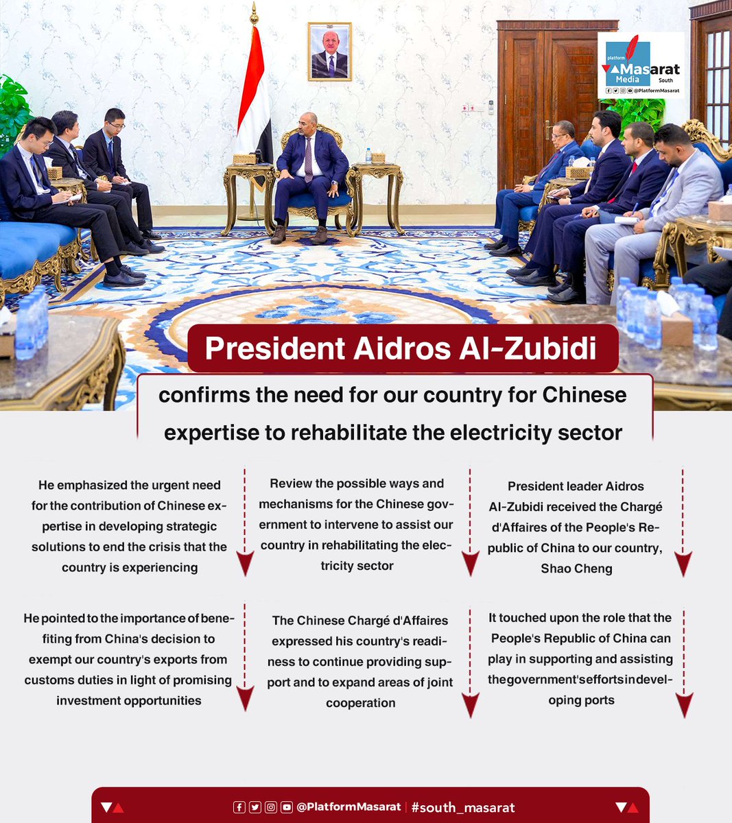 President Al-Zubidi confirms the need for our country for Chinese expertise to rehabilitate the electricity sector
#south_masarat