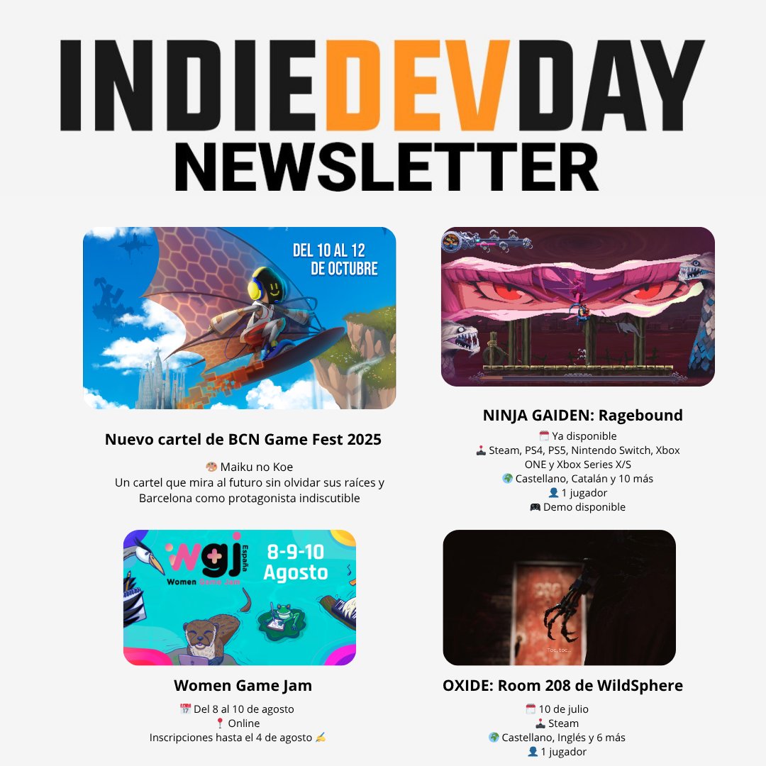 📰 Newsletter 72 📰

1️⃣ Nuevo cartel de la 8ª edición de <a href="/bcngamefest/">BCN Game Fest</a>  ⛵
2️⃣ NINJA GAIDEN: Ragebound de <a href="/TheGameKitchen/">The Game Kitchen</a> 🎮🥷
3️⃣ <a href="/WomengamejamES/">Women Game Jam Spain</a> 🧠💥
4️⃣ OXIDE: Room 208 de <a href="/WildSphere/">WildSphere</a> 🎮🧬

Suscríbete en 🔗 eepurl.com/dJJ8u2