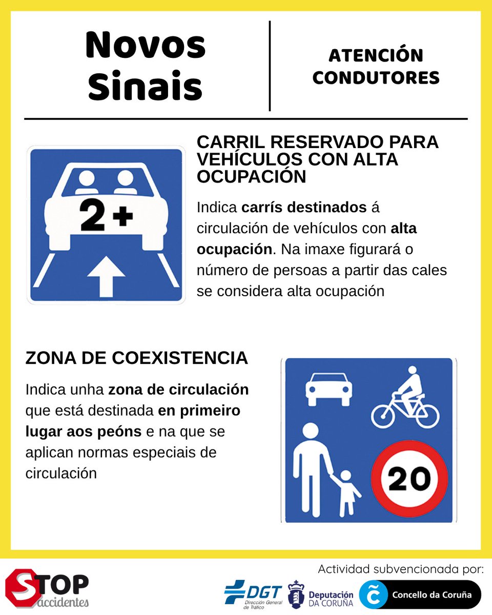 STOP Accidentes Galicia (@galiciastop) on Twitter photo 🚨 Atención, condutores! O novo Catálogo de Sinais trae novidades, e é vital que as coñezas! Empezamos unha serie de posts para que non che perdas nada.  📷 Desliza para descubrir o significado dos primeiros #ObjetivoCero #MueveteSeguro <a href="/DGTes/">Dir. Gral. Tráfico</a> <a href="/DACCultura/">Cultura Depu. Coruña</a> <a href="/ConcelloCoruna/">Concello da Coruña</a> 🚨 Atención, condutores! O novo Catálogo de Sinais trae novidades, e é vital que as coñezas! Empezamos unha serie de posts para que non che perdas nada.  📷 Desliza para descubrir o significado dos primeiros #ObjetivoCero #MueveteSeguro <a href="/DGTes/">Dir. Gral. Tráfico</a> <a href="/DACCultura/">Cultura Depu. Coruña</a> <a href="/ConcelloCoruna/">Concello da Coruña</a>