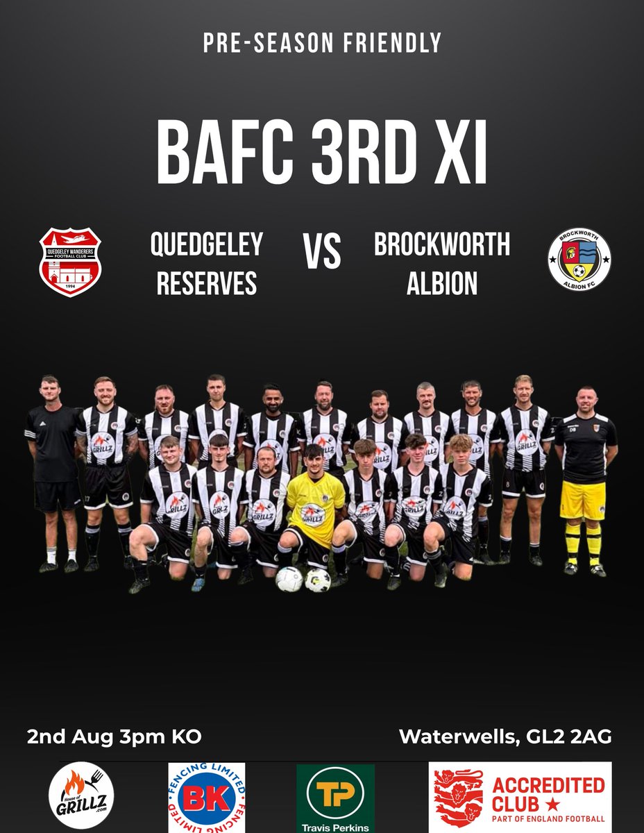Brockworth Albion FC (@brockalbion) on Twitter photo Saturday Fixtures:
1st XI: Home to <a href="/StauntonCorseFC/">Staunton & Corse FC</a> in the first game of the league campaign!
2nd XI: Home to <a href="/TredworthFC/">Tredworth Tigers</a> Reserves for a pre-season friendly
3rd XI: Away to <a href="/QWFC94/">Quedgeley Wanderers FC</a> Reserves for a pre-season friendly
🦡⚫️⚪️ Saturday Fixtures:
1st XI: Home to <a href="/StauntonCorseFC/">Staunton & Corse FC</a> in the first game of the league campaign!
2nd XI: Home to <a href="/TredworthFC/">Tredworth Tigers</a> Reserves for a pre-season friendly
3rd XI: Away to <a href="/QWFC94/">Quedgeley Wanderers FC</a> Reserves for a pre-season friendly
🦡⚫️⚪️