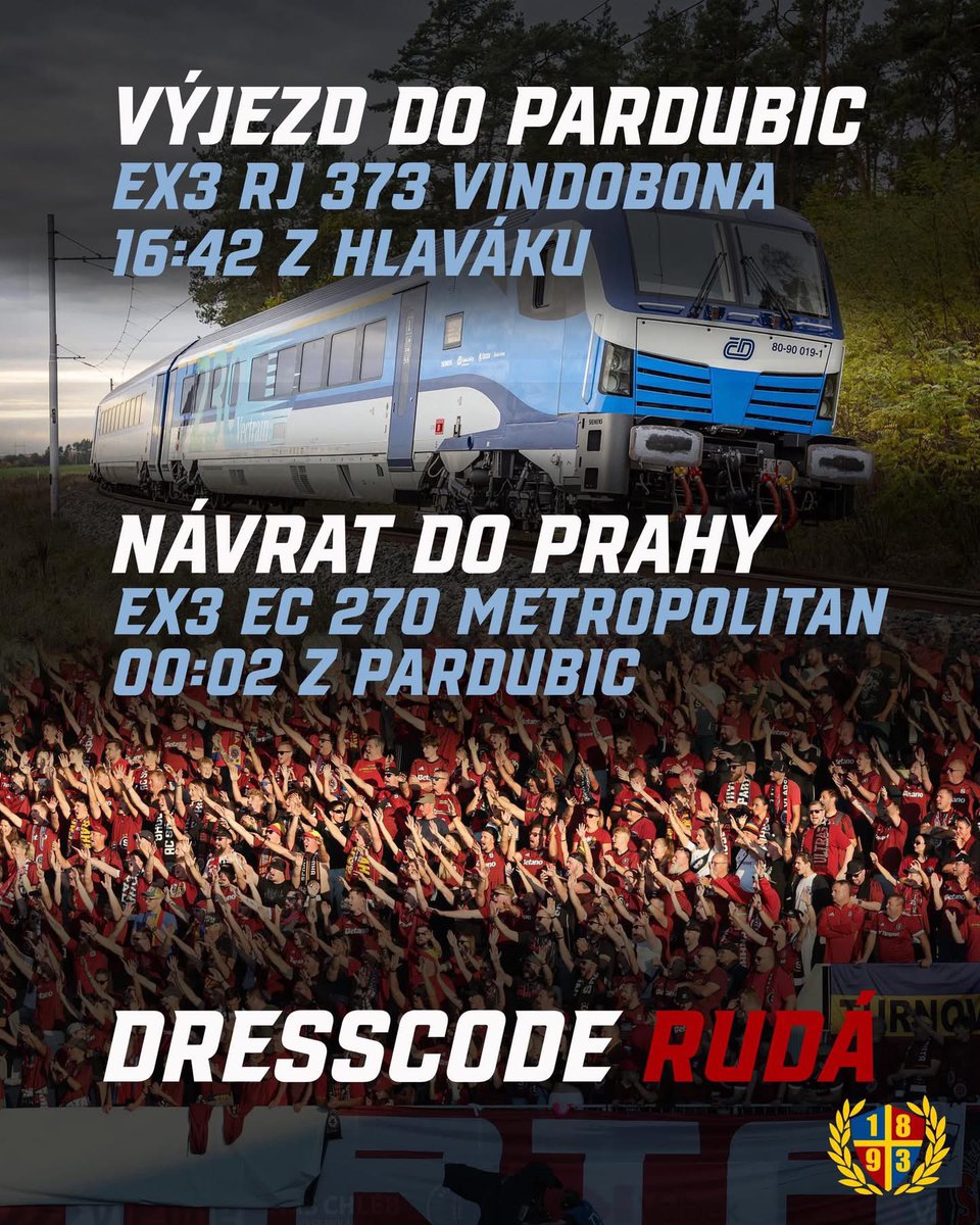⚽️ Další ligový zápas, který je před námi je v Pardubicích, kde musíme nutně získat 3 body a probojovat se do čela tabulky.
⚠️ Do města dostihů se vydáme společně vlakem! 
🔴 Dresscode je opět rudá! Tak na to nezapomeň!
📣 Poslouchej spíkra!