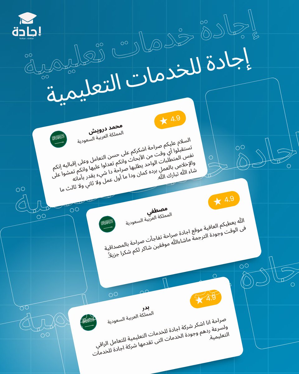 آراء عملائنا.. أكبر دليل على التزامنا 👌
شكراً لثقتكم ودعمكم المستمر 💙
#اراءالعملاء #خدمات_تعليمية #ابحاث_علمية #ماجستير #دكتوراه #ابحاث_علمية