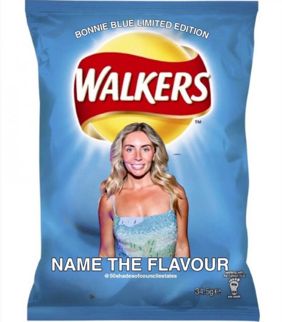 NotFarLeftAtAll's tweet photo. Bonnie Blue has teamed up with Walkers Crisps .. after her success on her C4 documentary. Can we help them name the flavour? https://t.co/NpCDNGyn4T