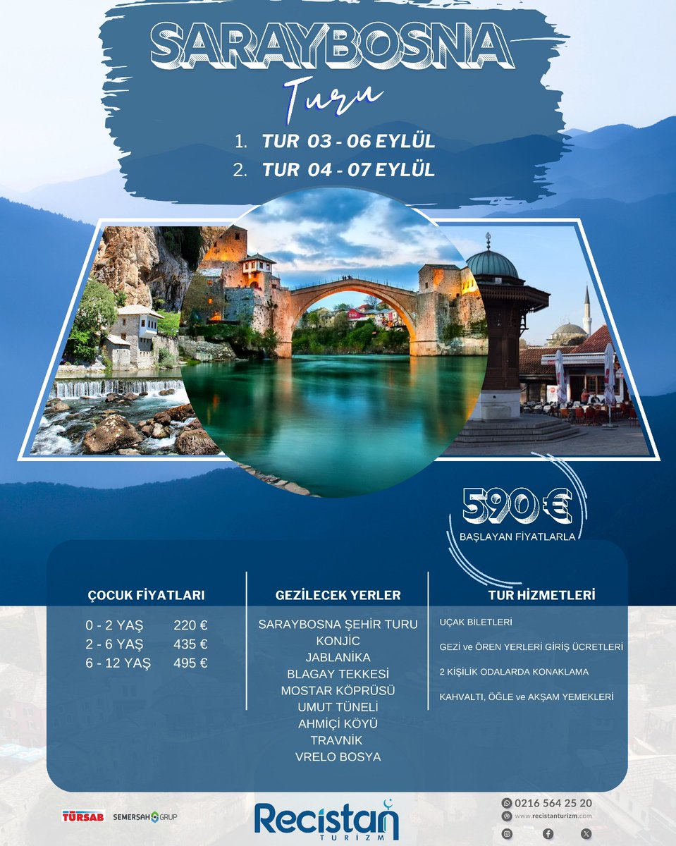 RecistanTurizm's tweet photo. Saraybosna turu kontenjanımız dolmadan yerinizi ayırtmak için 0216 564 25 20 iletişim numarasını arayabilir veya WhatsApp üzerinden mesaj gönderebilirsiniz. 
#Özbekistan #recistanturizm #semerşahturizm #mostarköprüsü #kültürturu #balkanturu #bosnaturu #saraybosna https://t.co/SRvos5AkET
