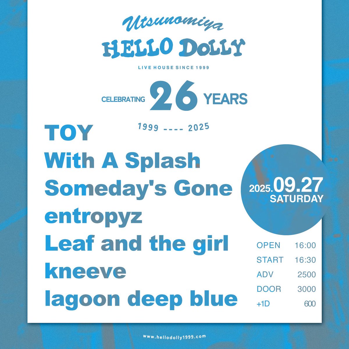 ━━━ *NEW LIVE* ━━━
2025.09.27.SAT 宇都宮HELLO DOLLY
-HELLO DOLLY 26TH ANNIVERSARY-

TOY
With A Splash
Someday's Gone
entropyz
Leaf and the girl
kneeve
lagoon deep blue

TICKET forms.gle/DNczFCYQuLzx5C…

ドリーの周年でTOYとWithが来るぜ！！