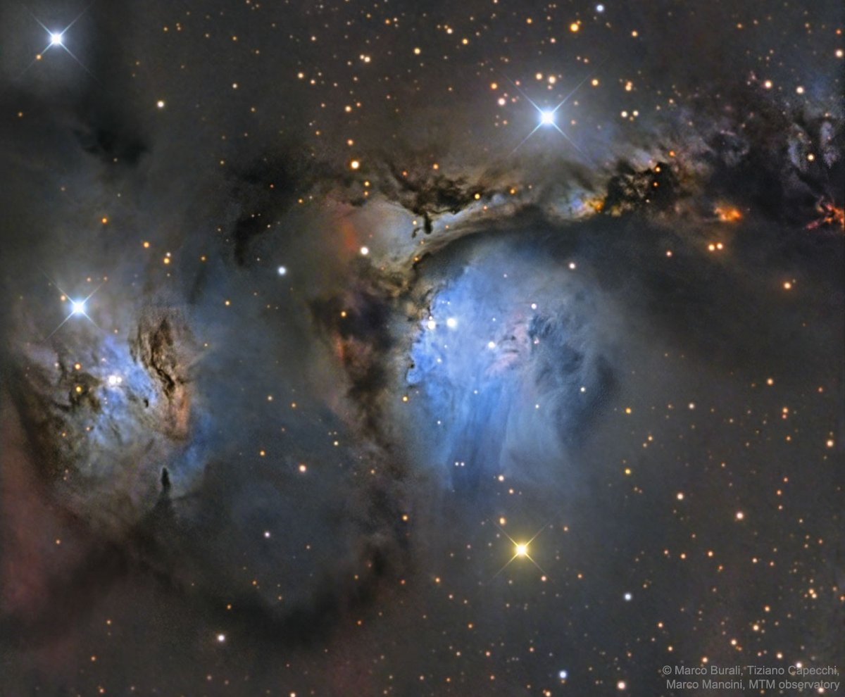 Esta es una parte del enorme complejo de la Nube Molecular de Orión. En el centro de la imagen podemos ver la nebulosa Messier 78 (a su izquierda está NGC 2071). El complejo de Orión está a 1500 años-luz, en la dirección de la constelación del mismo nombre y alberga otras
