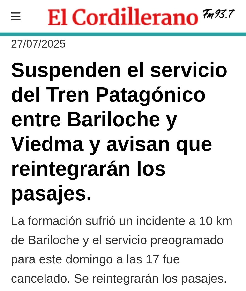 #Patagonia

#Milei es aislamiento entre Bariloche y Viedma.
Elimina rutas aéreas y deteriora el servicio de trenes.
👇