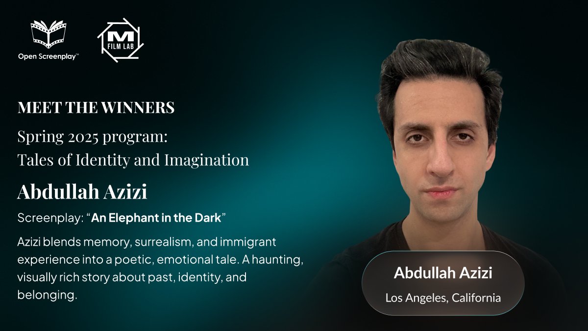 OpenScreenplay's tweet image. 🎉The Winner Abdullah Azizi
📍Los Angeles, California
1st‑generation Afghan American, grew up rarely seeing people like himself reflected in the media.🎬“An Elephant in the Dark” draws on the experience challenging us to question what we know when we only see part of the picture!