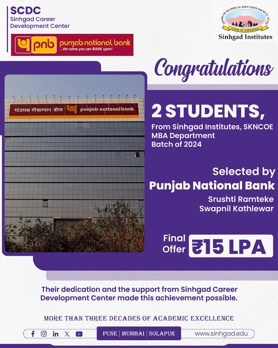 PuneScoe's tweet photo. Proud moment for Sinhgad Institutes! Congratulations to MBA 2024 students Srushti Ramteke &amp; Swapnil Kathlewar for being selected by Punjab National Bank as Marketing Officers (Grade I) with a ₹15 LPA offer. Thanks to SCDC for the guidance! https://t.co/hR3knhuS4c