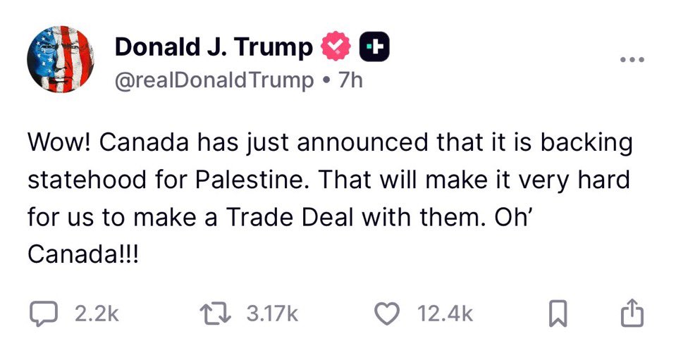 Ontem à noite Trump decidiu que o Canadá não terá um bom acordo comercial porque reconhece a Palestina como estado. 

Essa mesma regra obviamente não vale pra outros países, mas o Imperador decidiu que é um impeditivo pro Canadá. 

Difícil dizer que existe "negociação" com os EUA