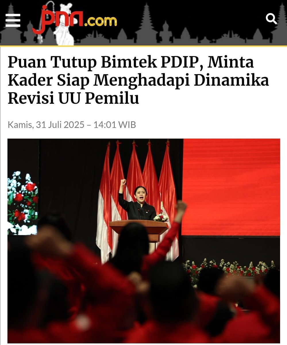 Ketua DPP PDI Perjuangan Puan Maharani secara resmi menutup bimbingan teknis (Bimtek) PDIP.

Saat penutupan bimtek, Mbak Puan mengingatkan seluruh anggota Fraksi PDIP untuk bersiap menghadapi berbagai dinamika politik, khususnya mengenai Revisi Undang-Undang Pemilu.

Selain itu,