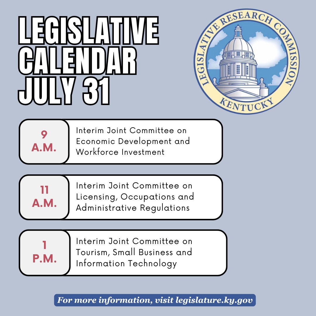 Good morning, Kentucky! Here are today's interim committee meetings. For more information, visit apps.legislature.ky.gov/LegislativeCal…. All of today's meetings will be livestreamed on ket.org/legislature #kyinterim25