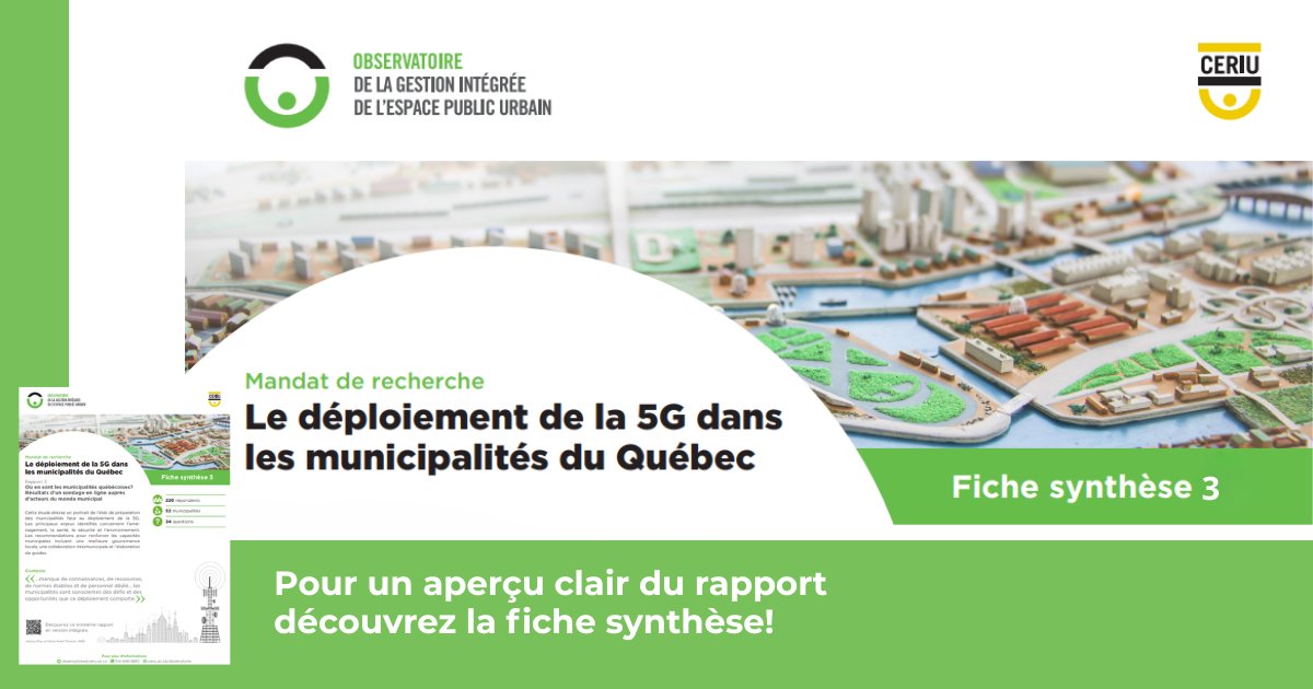 L’Observatoire du CERIU présente la 3e fiche synthèse qui accompagne le rapport de recherche Le déploiement de la 5G dans les municipalités du Québec.  Consultez la fiche synthèse pour saisir l’essentiel du rapport en un coup d’œil. shorturl.at/81DxG