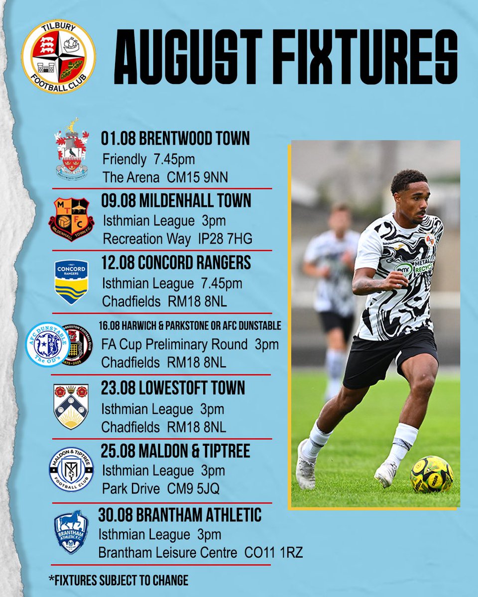 📋 August Fixtures!

⚽️ A jam-packed August sees us kick-off our season with 7 matches this month, starting with tomorrow’s visit to <a href="/BrentwoodTownFC/">Brentwood Town F.C.</a> 

🏆 This Saturday we will also find out who we will welcome to Chadfields in the FA Cup preliminary round!

#COYD | #DockersAsOne