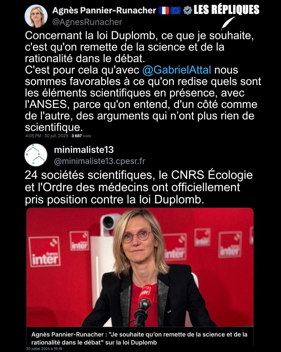 Les Répliques (@les_repliques) on Twitter photo « Science et rationalité » : c’est ce que la ministre de la Transition écologique, <a href="/AgnesRunacher/">Agnès Pannier-Runacher 🇫🇷🇪🇺</a>, entend apporter au débat autour de la loi Duplomb, dont les arguments "n'ont plus rien de scientifique" « Science et rationalité » : c’est ce que la ministre de la Transition écologique, <a href="/AgnesRunacher/">Agnès Pannier-Runacher 🇫🇷🇪🇺</a>, entend apporter au débat autour de la loi Duplomb, dont les arguments "n'ont plus rien de scientifique"