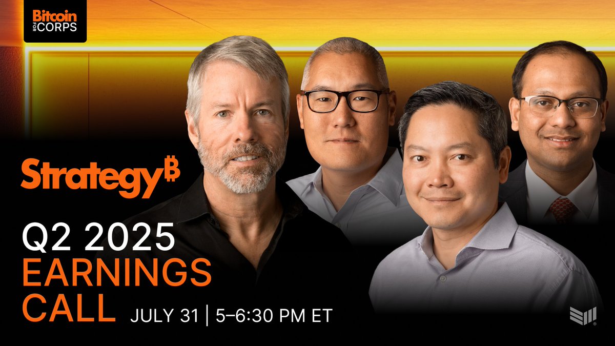 TODAY: <a href="/Strategy/">Strategy</a> Earnings Call Q2 2025 🟧

Feat. Michael Saylor, Phong Le, Andrew Kang &amp; Shirish Jajodia with LIVE analyst Q+A session 

🕟 5:00-6:30pm ET

Streaming on <a href="/BitcoinMagazine/">Bitcoin Magazine</a>:
🔴 YouTube: youtube.com/live/XjhA24U4k… 
🟢 Rumble: rumble.com/v6wwp8c-live-s…
