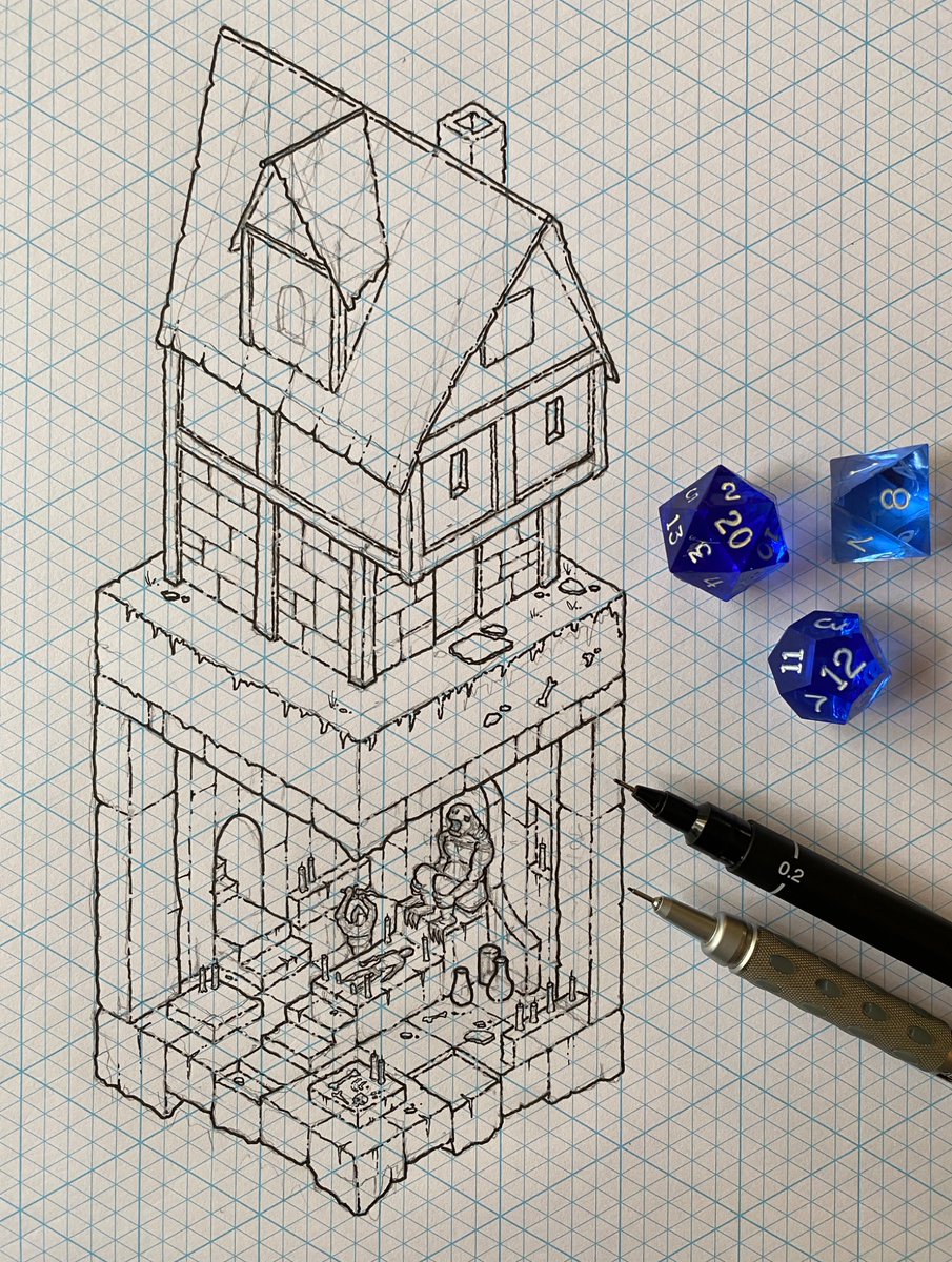 Work-in-progress, I call it ”Mysterious dissapearances” 👹

#dnd #dungeonsanddragons #isometric #handdrawn