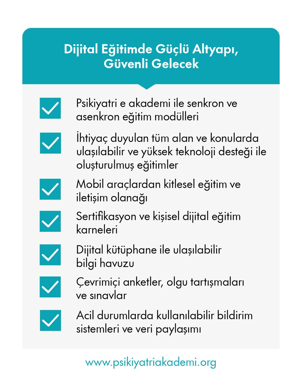 Türkiye psikiyatri derneği dijital çağın gereklerine göre yeniden yapılanıyor.

Yeni ve yüksek teknolojilere dayalı eğitim artık bir seçenek değil zorunluluk.

Türkiye Psikiyatri Derneği eğitimde öncü rolünü dijital eğitime geçerek sürdürüyor.

📌Yeni Dijital Eğitim Dönemi
