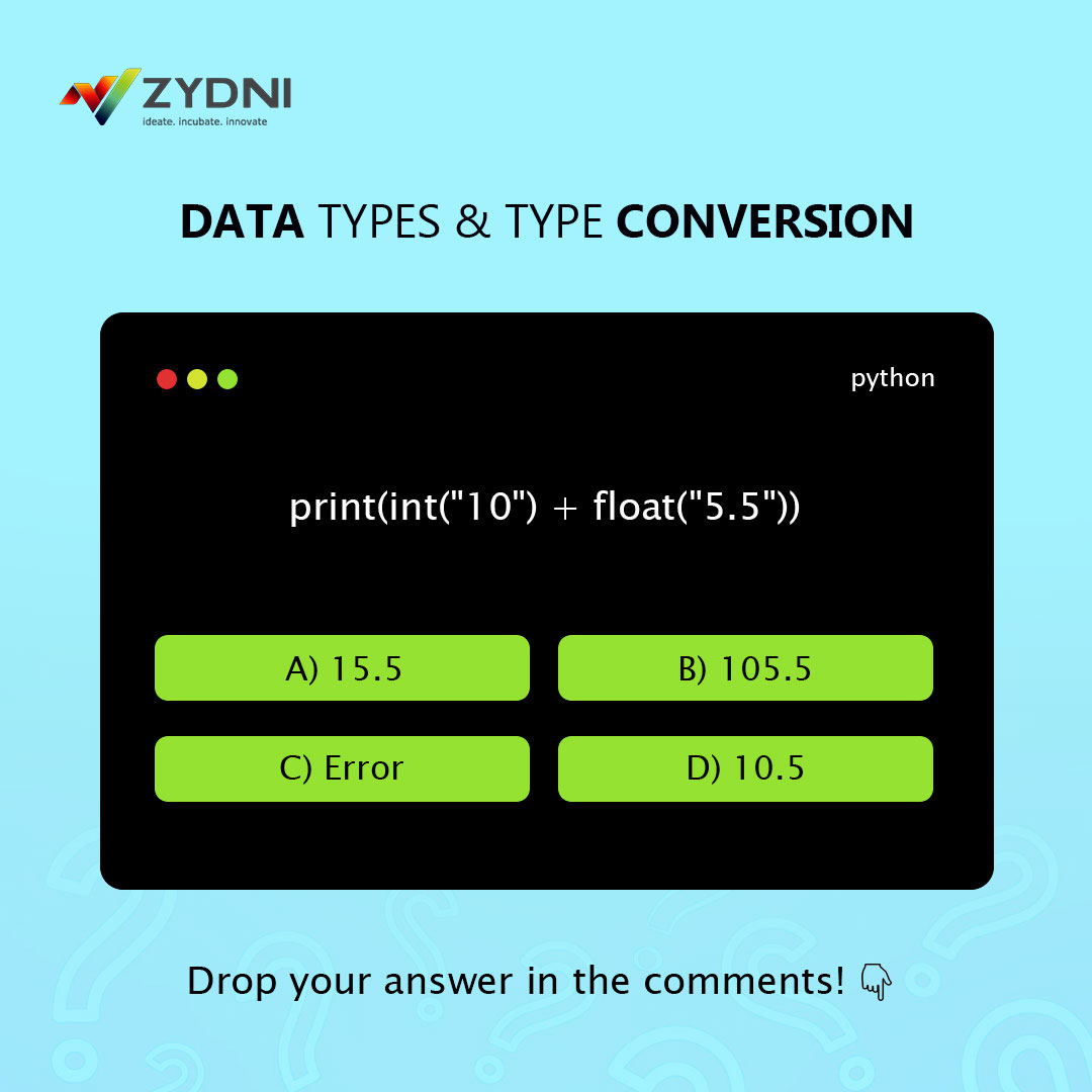 zydniofficial's tweet image. Type conversion in Python helps you work smoothly across different data types.
Think you know it? Comment your answer! 👇
#PythonBasics #TypeConversion #CodeQuiz #LearnPython #PythonTips