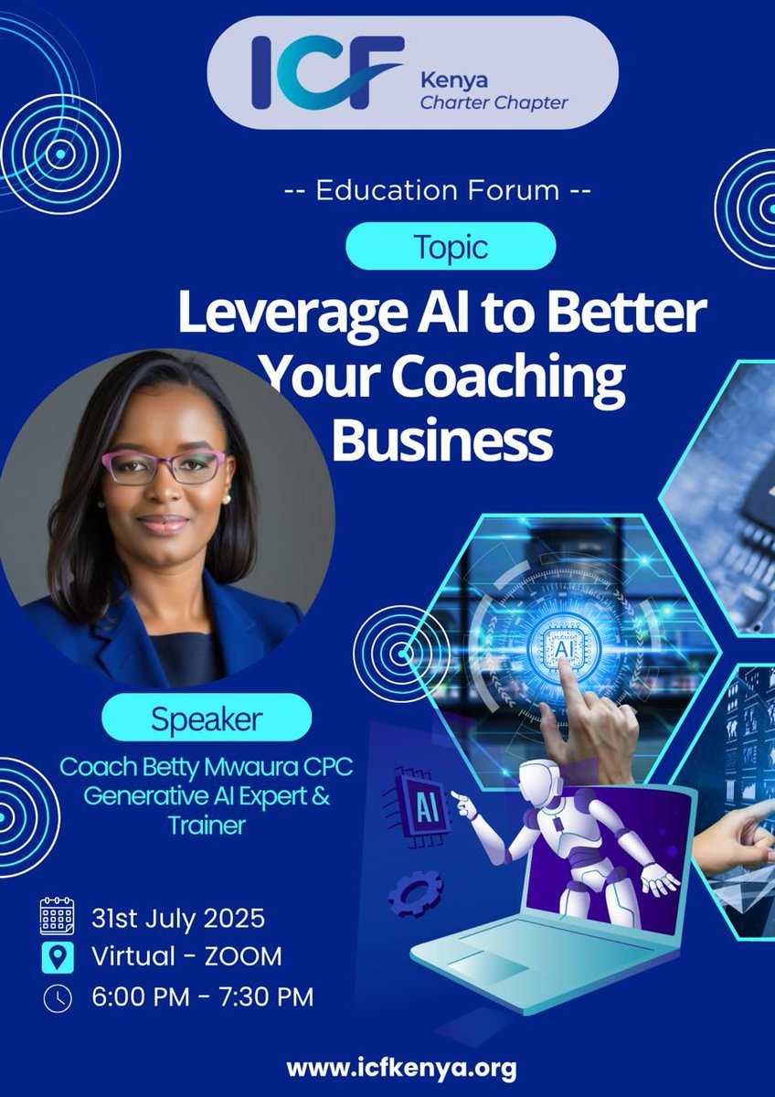 icfkenya's tweet photo. Hello Coaching Community,

This Webinar is coming up today at 6 PM. 
See you there!🥰

📌 Reserve your spot here; https://t.co/DhKdu4vNXS
#AIForCoaches
#CoachingWebinar
#AIInCoaching
#CoachSmarter
#FutureOfCoaching
#ICKKE
#ICF https://t.co/dgoGbrYTDs