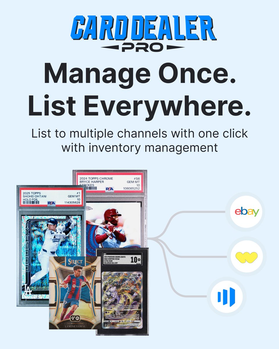 Card Dealer Pro (@carddealer_pro) on Twitter photo WE'VE GOT HUGE NEWS!  We’re excited to announce that InventoryManagement and Import is now live for ALL Card Dealer Pro users!
You’ll now see two new tabs:
Inventory – Your complete card catalog, listed or not. From here, you can edit individual cards, list them to marketplaces WE'VE GOT HUGE NEWS!  We’re excited to announce that InventoryManagement and Import is now live for ALL Card Dealer Pro users!
You’ll now see two new tabs:
Inventory – Your complete card catalog, listed or not. From here, you can edit individual cards, list them to marketplaces