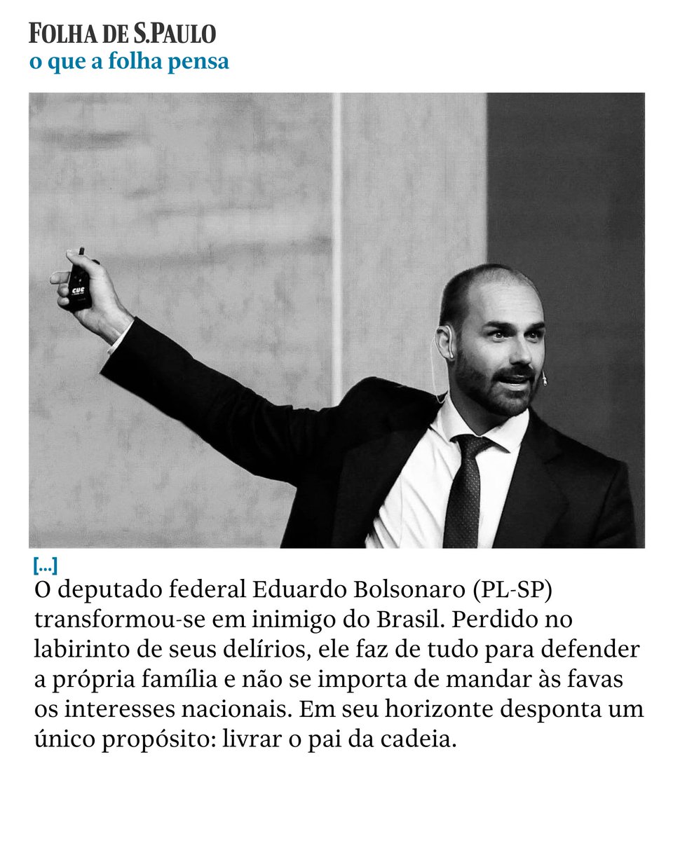 #EDITORIAL 

O QUE A FOLHA PENSA: Eduardo Bolsonaro, inimigo do Brasil. Deputado eleito por SP faz de tudo para defender a própria família, sem se importar com interesses nacionais. 📲 mla.bs/f7623296

📷 Agustin Marcarian/Reuters