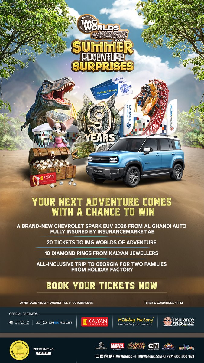 Celebrate 9 epic years at #IMGWorlds! 🎉WIN BIG:
🚗 <a href="/AlGhandiAuto/">Al Ghandi Auto</a>   EUV 2026 <a href="/800ALFRED/">InsuranceMarket.ae</a>   
💍 10 Rings from <a href="/KalyanJewellers/">Kalyan Jewellers</a>    
🎢 20 Tickets <a href="/IMGworlds/">IMG Worlds of Adventure</a>   
✈️ Trip to 🇬🇪 from <a href="/HolidayFactory_/">Holiday Factory</a>    
Book now – (imgworlds.com). T&amp;Cs apply  
 #raffle #visitdubai  #dubai