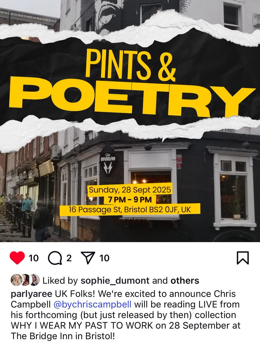 Can’t wait for this on 28th Sept at The Bridge Inn, Bristol. I’ll be launching my new poetry collection, ‘Why I Wear My Past to Work’. 
Readers are: Helen Sheppard, Bob Walton, Sophie Dumont, Tom Sastry, Anna Maughan, Adam Elms 🎉