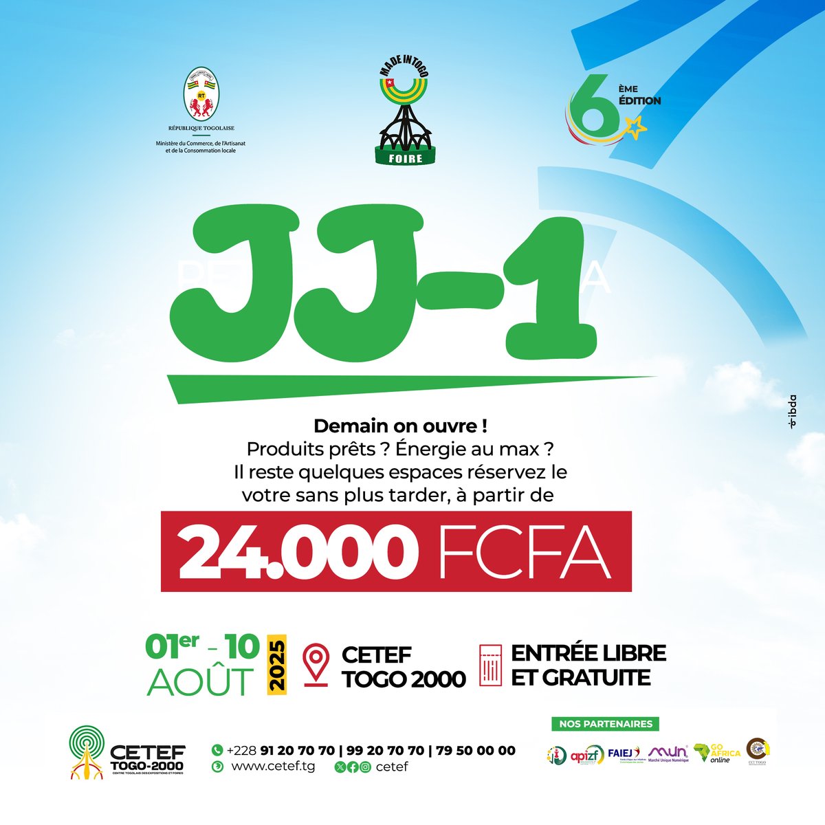 🛑Jour J-1; La 6ème édition de la Foire Made In Togo, c'est demain💃.

Nous sommes à la veille de la célébration du savoir-faire togolais et les espaces restant se comptent au bout des doigts.
Chers entrepreneurs et promoteurs de produits locaux, rejoignez nous.
