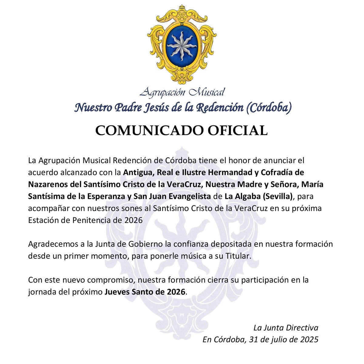 RedencionCordob's tweet photo. 𝐂𝐎𝐌𝐔𝐍𝐈𝐂𝐀𝐃𝐎 𝐎𝐅𝐈𝐂𝐈𝐀𝐋 - Jueves Santo

#SonandoaCordoba
#SuenaRedencion https://t.co/sBb2sJcFgN