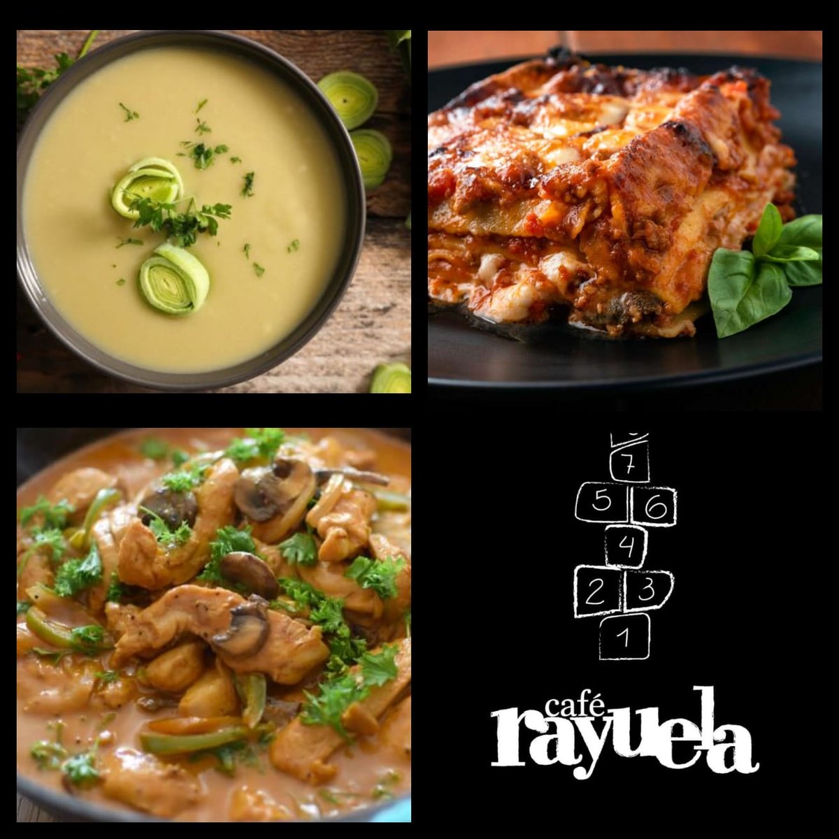 Amanece el jueves como una promesa. Una promesa que te hacemos en #Rayuela, de que aquí está el almuerzo más deli: crema de puerro para empezar y después lo que prefieras: lasaña boloñesa o strogonoff de pollo. 
También tendremos quesadillas y tarta de verduras!
Qué rico!