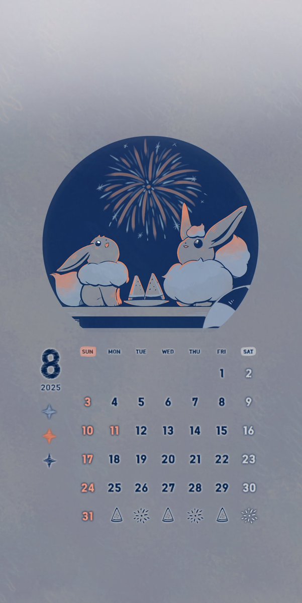 Harumomo122's tweet image. 8月のスマホ用カレンダーができました𓂃 𓈒𓏸
花火を見上げるイーブイとブースター
やさしい夜風と甘いスイカの香りがただよう、夏のひとときです🍉🎇

カレンダー付きのロック画面と、ホーム用の壁紙もご用意しました📱🌙
8月もどうぞよろしくお願いします☺️🎐

#スマホ壁紙  #ポケモンイラスト